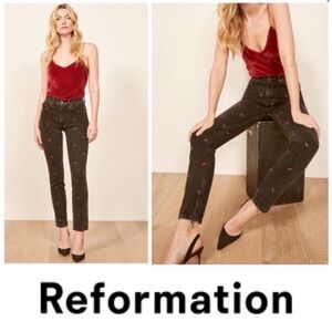 Reformation Black Jeans with Red Embroidered heart daggers ❤️ 🗡️